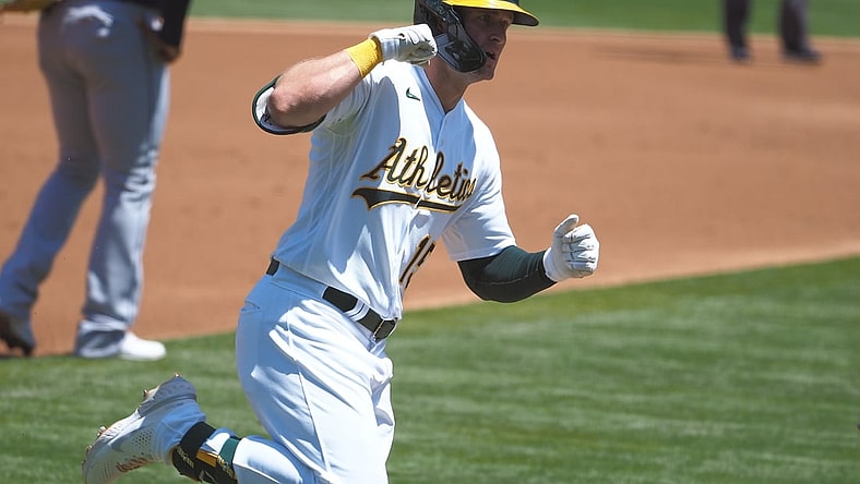 May 8, 2021; Oakland, California, USA; Oakland Athletics right fielder Seth Brown (15) celebrates as he rounds third base on a two run home run against the Tampa Bay Rays during the first inning at RingCentral Coliseum. Mandatory Credit: Kelley L Cox-USA TODAY Sports