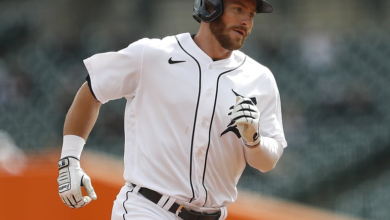 May 8, 2021; Detroit, Michigan, USA; Detroit Tigers left fielder Robbie Grossman (8) rounds the bases after hitting a solo home run during the first inning against the Minnesota Twins at Comerica Park. Mandatory Credit: Raj Mehta-USA TODAY Sports