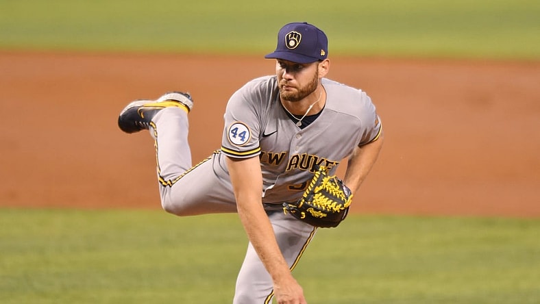 May 8, 2021; Miami, Florida, USA; Milwaukee Brewers starting pitcher Adrian Houser (37) pitches against the Miami Marlins during the second inning at loanDepot Park. Mandatory Credit: Jim Rassol-USA TODAY Sports