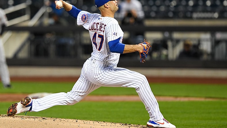 May 8, 2021; New York City, New York, USA; New York Mets starting pitcher Joey Lucchesi (47) throws a pitch in the third inning against the Arizona Diamondbacks at Citi Field. Mandatory Credit: Dennis Schneidler-USA TODAY Sports