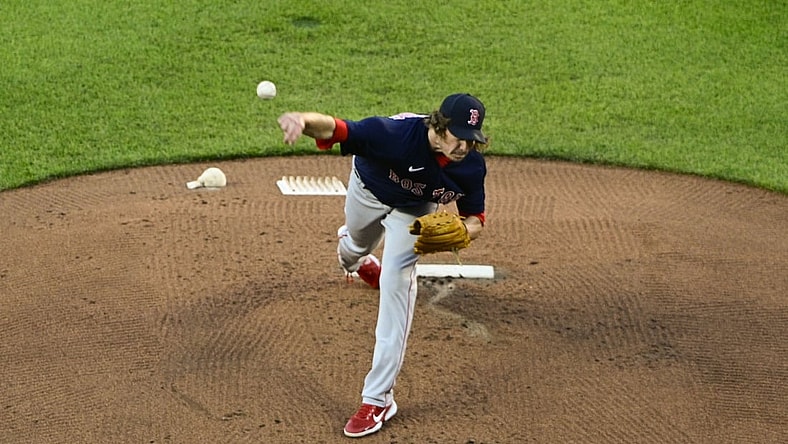 May 8, 2021; Baltimore, Maryland, USA;  Boston Red Sox starting pitcher Garrett Richards (43) delivers a pitch during the first inning against the Baltimore Orioles at Oriole Park at Camden Yards. Mandatory Credit: Tommy Gilligan-USA TODAY Sports
