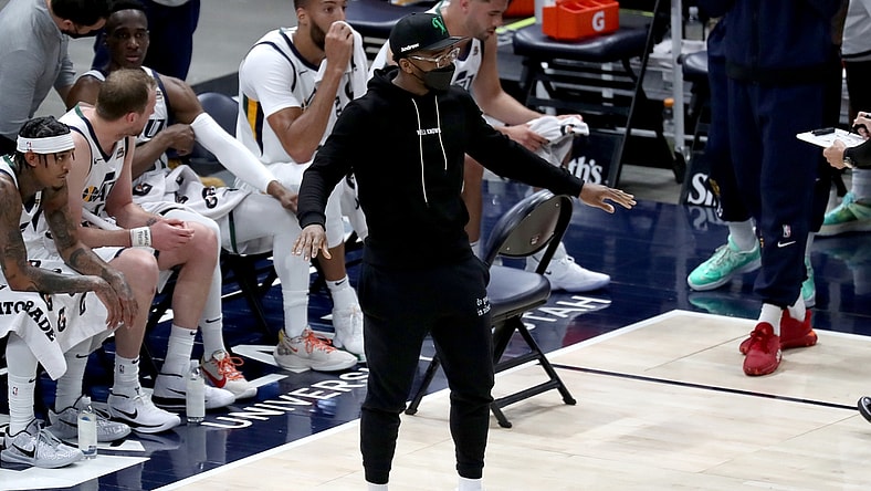 May 8, 2021; Salt Lake City, Utah, USA; Utah Jazz guard Donovan Mitchell (45) reacts after a call in the third quarter against the Houston Rockets at Vivint Arena. Mandatory Credit: Rob Gray-USA TODAY Sports