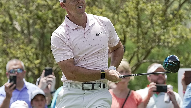May 9, 2021; Charlotte, North Carolina, USA; Rory McIlroy watches his tee shot on 2 during the final round of the Wells Fargo Championship golf tournament. Mandatory Credit: Jim Dedmon-USA TODAY Sports