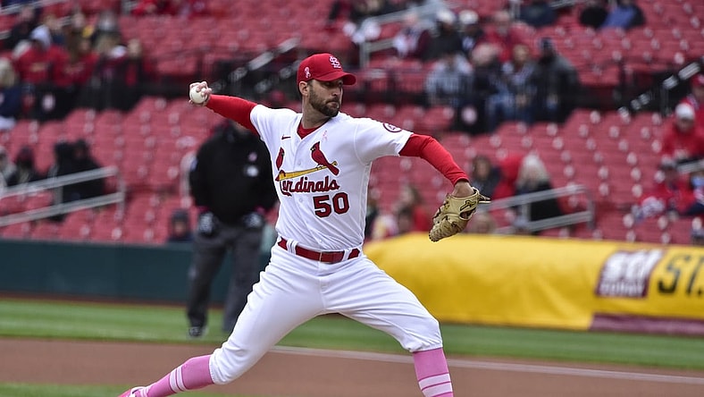 May 9, 2021; St. Louis, Missouri, USA;  St. Louis Cardinals starting pitcher Adam Wainwright (50) pitches during the first inning against the Colorado Rockies at Busch Stadium. Mandatory Credit: Jeff Curry-USA TODAY Sports