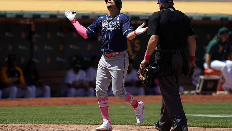 May 9, 2021; Oakland, California, USA; Tampa Bay Rays shortstop Willy Adames (1) gestures after hitting a home run during the fifth inning against the Oakland Athletics at RingCentral Coliseum. Mandatory Credit: Darren Yamashita-USA TODAY Sports