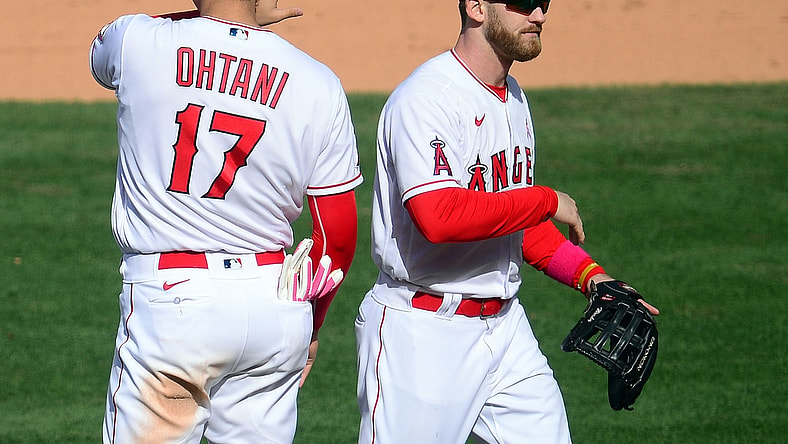 May 9, 2021; Anaheim, California, USA; Los Angeles Angels first baseman Jared Walsh (20) and designated hitter Shohei Ohtani (17) celebrate the 2-1 victory against the Los Angeles Dodgers at Angel Stadium. Mandatory Credit: Gary A. Vasquez-USA TODAY Sports