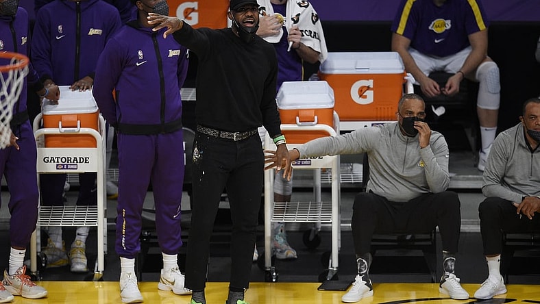 May 9, 2021; Los Angeles, California, USA; Los Angeles Lakers forward LeBron James (23) yells from the sidelines during the second half against the Phoenix Suns at Staples Center. Mandatory Credit: Kelvin Kuo-USA TODAY Sports