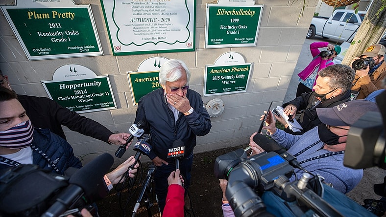 Medina Spirit's trainer Bob Baffert talks with the media the morning after winning the Kentucky Derby with Medina Spirit. One week later it was announced that the horse tested positive for an abundance of an anti-inflammatory drug following the race. April 26, 2021

Aj4t9233
