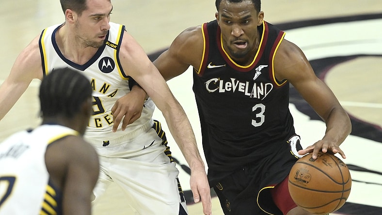 May 10, 2021; Cleveland, Ohio, USA; Cleveland Cavaliers guard Jeremiah Martin (3) drives against Indiana Pacers guard T.J. McConnell (9) in the second quarter at Rocket Mortgage FieldHouse. Mandatory Credit: David Richard-USA TODAY Sports