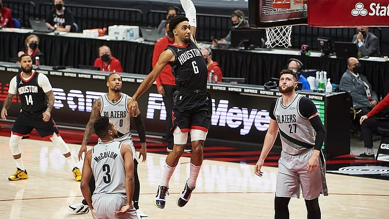 May 10, 2021; Portland, Oregon, USA; Houston Rockets forward Kenyon Martin Jr. (6) dunks the basketball during the first half against the Portland Trail Blazers at Moda Center. Mandatory Credit: Troy Wayrynen-USA TODAY Sports