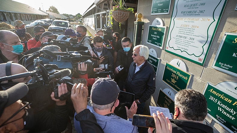 Bob Baffert spoke with the media in front of his barn on the backside of Churchill Downs the day after his seventh victory in the Kentucky Derby with Medina Spirit. May 2, 2021

Aj4t9290