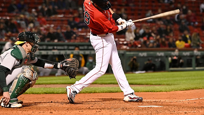 May 11, 2021; Boston, Massachusetts, USA; Boston Red Sox left fielder J.D. Martinez (28) fouls the ball off of his foot during the fourth inning  of a game against the Oakland Athletics at Fenway Park. Mandatory Credit: Brian Fluharty-USA TODAY Sports