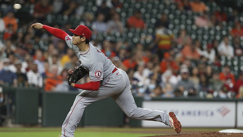 May 11, 2021; Houston, Texas, USA; Los Angeles Angels designated hitter Shohei Ohtani (17) pitches against the Houston Astros in the first inning at Minute Maid Park. Mandatory Credit: Thomas Shea-USA TODAY Sports
