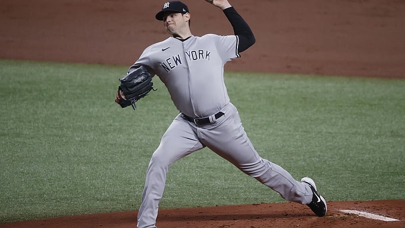 May 11, 2021; St. Petersburg, Florida, USA;  New York Yankees starting pitcher Jordan Montgomery (47) throws a pitch during the first inning against the Tampa Bay Rays at Tropicana Field. Mandatory Credit: Kim Klement-USA TODAY Sports