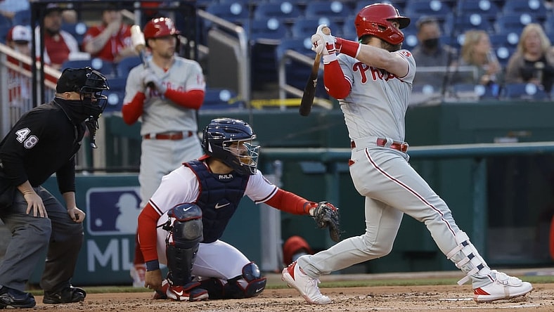 May 12, 2021; Washington, District of Columbia, USA; Philadelphia Phillies right fielder Bryce Harper (3) hits a double against the Washington Nationals in the third inning at Nationals Park. Mandatory Credit: Geoff Burke-USA TODAY Sports
