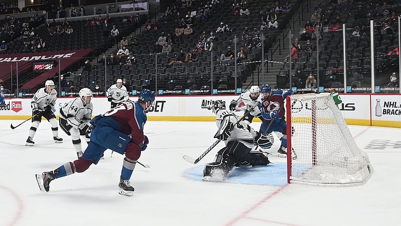 May 12, 2021; Denver, Colorado, USA; Colorado Avalanche left wing J.T. Compher (37) scores a goal past Los Angeles Kings goaltender Calvin Petersen (40) during the second period at Ball Arena. Mandatory Credit: Ron Chenoy-USA TODAY Sports