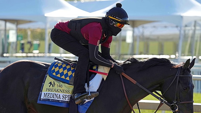 May 13, 2021; Baltimore, MD, USA; Medina Spirit during a morning workout at Pimlico Race Course. Mandatory Credit: Mitch Stringer-USA TODAY Sports