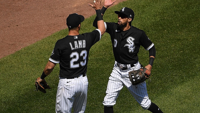 May 13, 2021; Chicago, Illinois, USA; Chicago White Sox center fielder Billy Hamilton (0) celebrates with Chicago White Sox first baseman Jake Lamb (23) after his catch at the wall in the fourth inning against the Minnesota Twins at Guaranteed Rate Field. Mandatory Credit: Quinn Harris-USA TODAY Sports