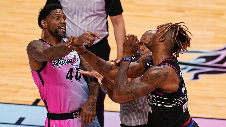 May 13, 2021; Miami, Florida, USA; Miami Heat forward Udonis Haslem (40) and Philadelphia 76ers center Dwight Howard (39) get into an altercation during the first half at American Airlines Arena. Mandatory Credit: Jasen Vinlove-USA TODAY Sports