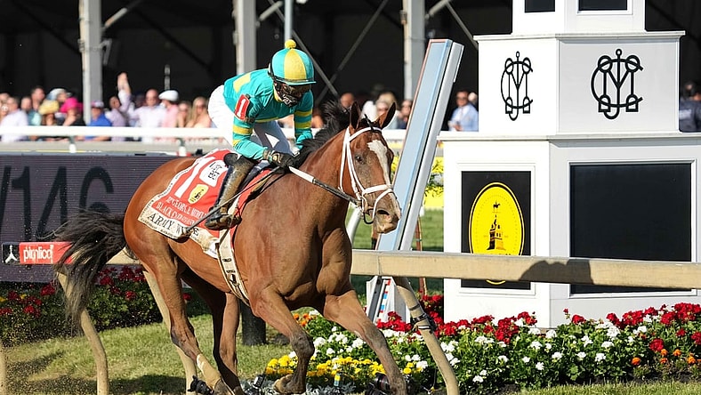 May 14, 2021; Baltimore, Maryland, USA; Army Wife with jockey Joel Rosario wins the Black-Eyed Susan Stakes at Pimlico Race Course. Mandatory Credit: Mitch Stringer-USA TODAY Sports