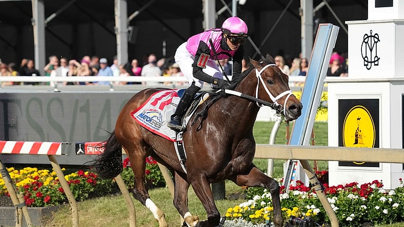 May 14, 2021; Baltimore, Maryland, USA; Last Judgement with jockey Jose Ortiz wins the Pimlico Special at Pimlico Race Course. Mandatory Credit: Mitch Stringer-USA TODAY Sports