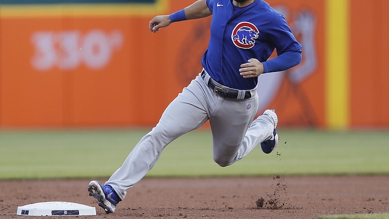 May 14, 2021; Detroit, Michigan, USA; Chicago Cubs designated hitter David Bote (13) rounds second base against the Detroit Tigers during the second inning of Armed Forces Weekend at Comerica Park. Mandatory Credit: Raj Mehta-USA TODAY Sports