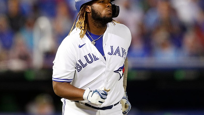 May 14, 2021; Dunedin, Florida, CAN; Toronto Blue Jays designated hitter Vladimir Guerrero Jr. (27) walks in the third inning in a game against the Philadelphia Phillies at TD Ballpark. Mandatory Credit: Nathan Ray Seebeck-USA TODAY Sports