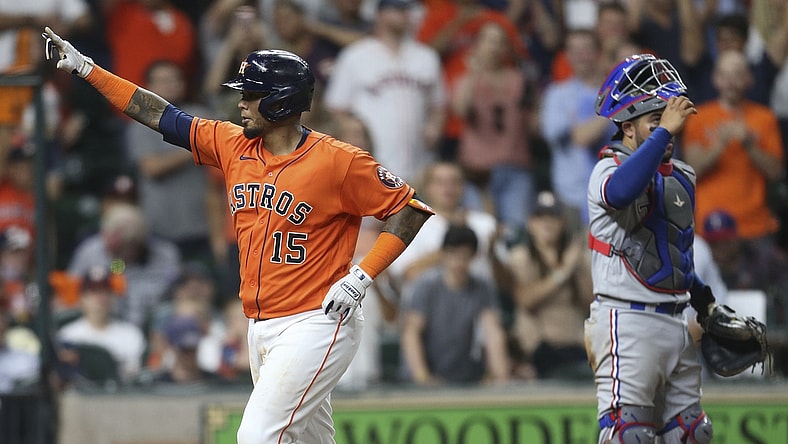 May 14, 2021; Houston, Texas, USA;  Houston Astros catcher Martin Maldonado (15) celebrates as he rounds the bases after hitting a two run home run against the Texas Rangers in the fifth inning at Minute Maid Park. Mandatory Credit: Thomas Shea-USA TODAY Sports
