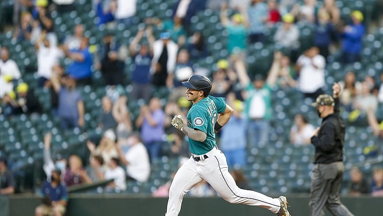 May 14, 2021; Seattle, Washington, USA; Seattle Mariners left fielder Jarred Kelenic (10) runs the bases after hitting a two-run home run against the Cleveland Indians during the third inning at T-Mobile Park. Mandatory Credit: Joe Nicholson-USA TODAY Sports
