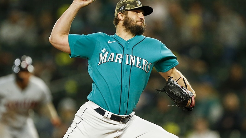 May 14, 2021; Seattle, Washington, USA; Seattle Mariners starting pitcher Kendall Graveman (49) throws against the Cleveland Indians during the seventh inning at T-Mobile Park. Mandatory Credit: Joe Nicholson-USA TODAY Sports