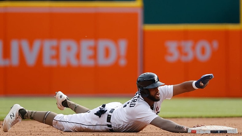 May 15, 2021; Detroit, Michigan, USA;  Detroit Tigers shortstop Willi Castro (9) steals second during the fourth inning against the Chicago Cubs at Comerica Park. Mandatory Credit: Rick Osentoski-USA TODAY Sports