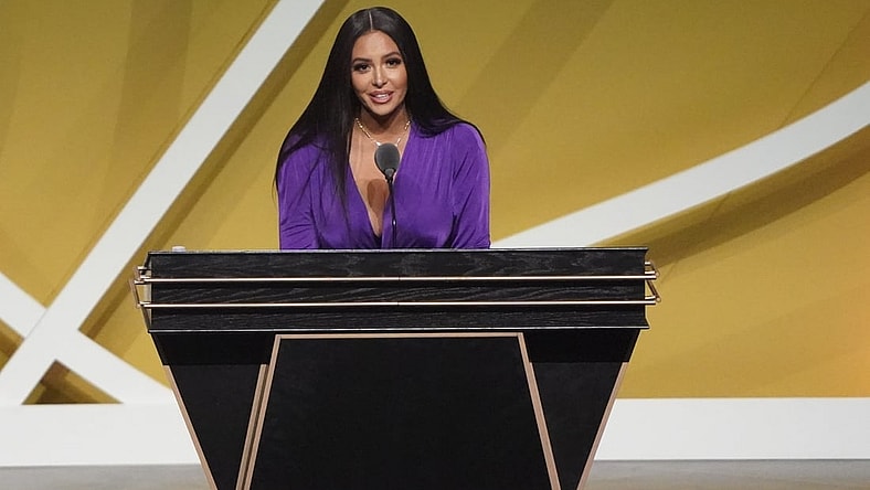 May 15, 2021; Uncasville, Connecticut, USA;  Vanessa Bryant, wife of the late Kobe Bryant, speaks on his behalf during the Class of 2020 Naismith Memorial Basketball Hall of Fame Enshrinement ceremony at Mohegan Sun Arena. Mandatory Credit: David Butler II-USA TODAY Sports