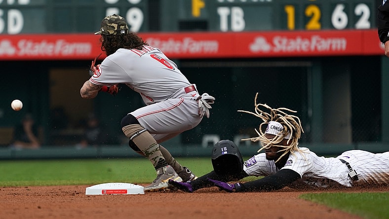 May 15, 2021; Denver, Colorado, USA; Colorado Rockies left fielder Raimel Tapia (15) slides into second base after hitting a double as Cincinnati Reds second baseman Jonathan India (6) tries to make a play during the first inning against the Cincinnati Reds at Coors Field. Mandatory Credit: Troy Babbitt-USA Sports
