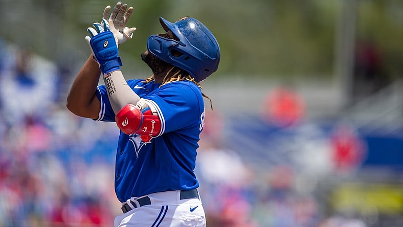 May 16, 2021; Dunedin, Florida, USA; Toronto Blue Jays first baseman Vladimir Guerrero Jr. (27) celebrates a hit  during the first inning of a game against the Philadelphia Phillies at TD Ballpark. Mandatory Credit: Mary Holt-USA TODAY Sports