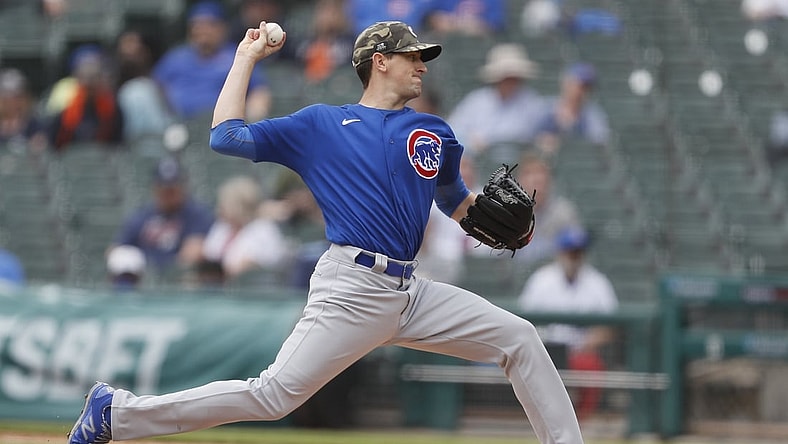 May 16, 2021; Detroit, Michigan, USA; Chicago Cubs starting pitcher Kyle Hendricks (28) pitches against the Detroit Tigers during the second inning at Comerica Park on Armed Forces Weekend. Mandatory Credit: Raj Mehta-USA TODAY Sports
