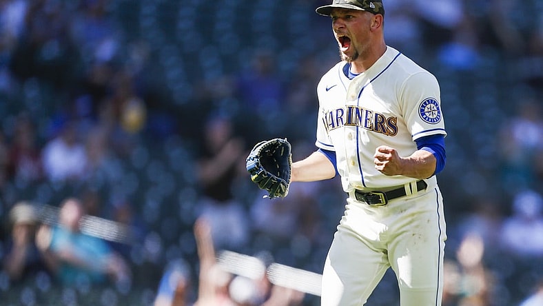 May 16, 2021; Seattle, Washington, USA; Seattle Mariners relief pitcher Anthony Misiewicz (38) reacts after getting a double play to end the seventh inning against the Cleveland Indians at T-Mobile Park. Mandatory Credit: Joe Nicholson-USA TODAY Sports