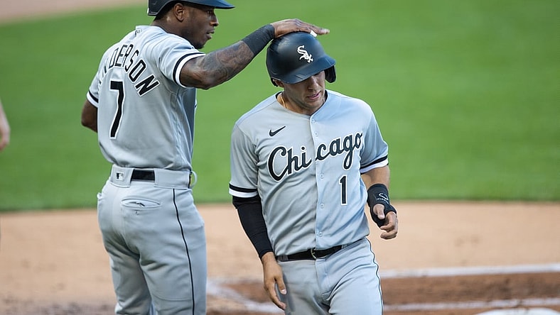 May 17, 2021; Minneapolis, Minnesota, USA; Chicago White Sox shortstop Tim Anderson (7) and second baseman Nick Madrigal (1) score during the first inning against the Minnesota Twins at Target Field. Mandatory Credit: Jordan Johnson-USA TODAY Sports