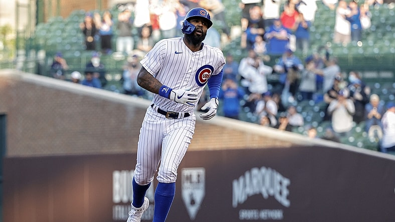 May 17, 2021; Chicago, Illinois, USA; Chicago Cubs right fielder Jason Heyward (22) rounds the bases after hitting a two-run home run against the Washington Nationals during the second inning at Wrigley Field. Mandatory Credit: Kamil Krzaczynski-USA TODAY Sports