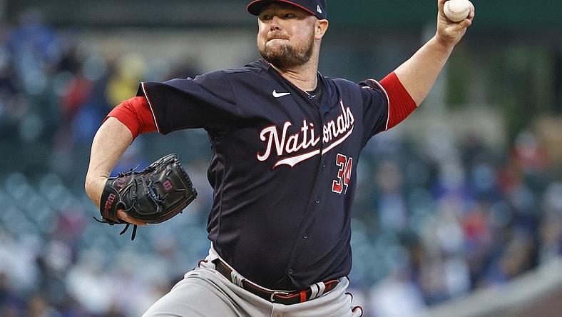 May 17, 2021; Chicago, Illinois, USA; Washington Nationals starting pitcher Jon Lester (34) delivers a pitch against the Chicago Cubs during the third inning at Wrigley Field. Mandatory Credit: Kamil Krzaczynski-USA TODAY Sports