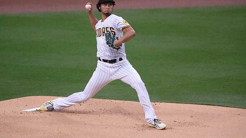 May 17, 2021; San Diego, California, USA; San Diego Padres starting pitcher Yu Darvish (11) pitches against the Colorado Rockies during the first inning at Petco Park. Mandatory Credit: Orlando Ramirez-USA TODAY Sports