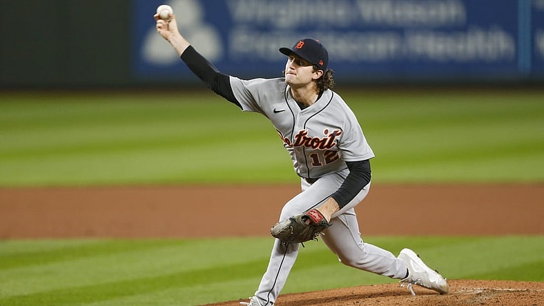 May 17, 2021; Seattle, Washington, USA; Detroit Tigers starting pitcher Casey Mize (12) throws against the Seattle Mariners during the third inning at T-Mobile Park. Mandatory Credit: Joe Nicholson-USA TODAY Sports