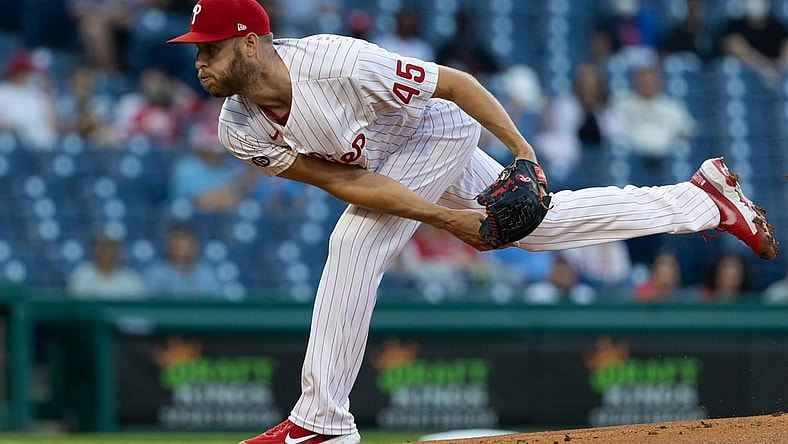 May 18, 2021; Philadelphia, Pennsylvania, USA; Philadelphia Phillies starting pitcher Zack Wheeler (45) throws a pitch during the first inning against the Miami Marlins at Citizens Bank Park. Mandatory Credit: Bill Streicher-USA TODAY Sports