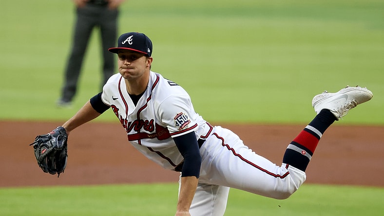 May 18, 2021; Atlanta, Georgia, USA; Atlanta Braves starting pitcher Tucker Davidson (64) delivers to a New York Mets batter during the first inning at Truist Park. Mandatory Credit: Jason Getz-USA TODAY Sports