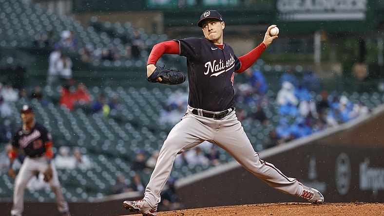 May 18, 2021; Chicago, Illinois, USA; Washington Nationals starting pitcher Patrick Corbin (46) delivers against the Chicago Cubs during the first inning at Wrigley Field. Mandatory Credit: Kamil Krzaczynski-USA TODAY Sports