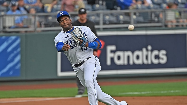 May 18, 2021; Kansas City, Missouri, USA; Kansas City Royals third baseman Kelvin Gutierrez (19) makes a throw to first for an out during the first inning against the Milwaukee Brewers at Kauffman Stadium. Mandatory Credit: Peter Aiken-USA TODAY Sports