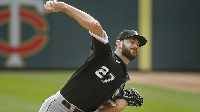 May 19, 2021; Minneapolis, Minnesota, USA; Chicago White Sox starting pitcher Lucas Giolito (27) throws to the Minnesota Twins in the second inning at Target Field. Mandatory Credit: Bruce Kluckhohn-USA TODAY Sports