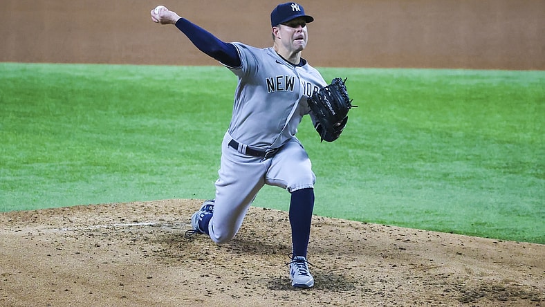 May 19, 2021; Arlington, Texas, USA; New York Yankees starting pitcher Corey Kluber (28) throws during the fourth inning against the Texas Rangers at Globe Life Field. Mandatory Credit: Kevin Jairaj-USA TODAY Sports