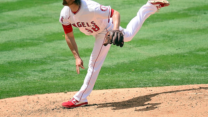 May 20, 2021; Anaheim, California, USA; Los Angeles Angels starting pitcher Alex Cobb (38) throws against the Minnesota Twins during the fourth inning at Angel Stadium. Mandatory Credit: Gary A. Vasquez-USA TODAY Sports