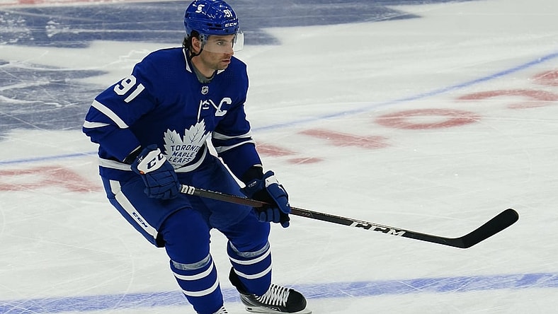 May 20, 2021; Toronto, Ontario, CAN; Toronto Maple Leafs forward John Tavares (91) during the warm up before the game against the Montreal Canadiens before game one of the first round of the 2021 Stanley Cup Playoffs at Scotiabank Arena. Mandatory Credit: John E. Sokolowski-USA TODAY Sports