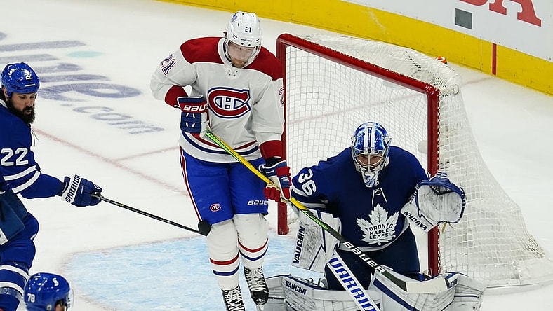 May 20, 2021; Toronto, Ontario, CAN; Montreal Canadiens forward Eric Staal (21) tries to get out of the way of a shot on Toronto Maple Leafs goaltender Jack Campbell (36) during the third period of game one of the first round of the 2021 Stanley Cup Playoffs at Scotiabank Arena. Mandatory Credit: John E. Sokolowski-USA TODAY Sports
